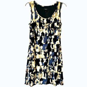 Ann Taylor Layered Abstract Print Sleeveless Dress in Black, Blue, Tan, & Cream